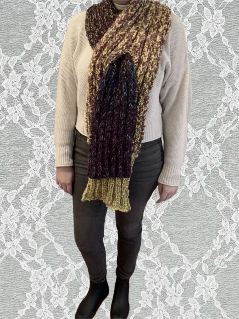 Hand Knit Keyhole Scarf Double Knit Homespun Gold Acrylic & Red Wine Rowan Wool